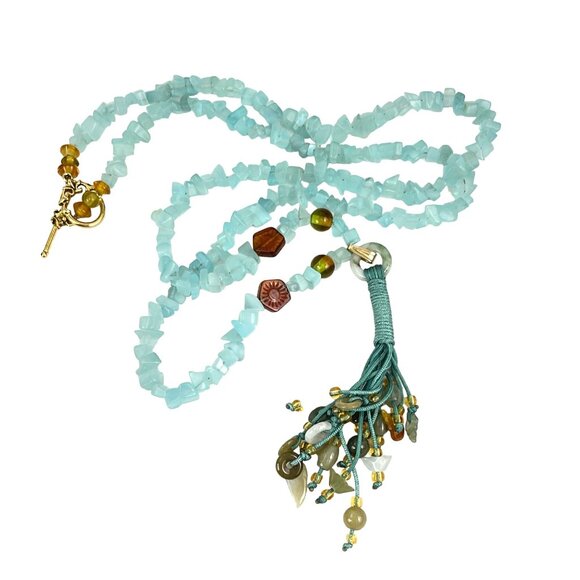 Handcrafted Blue Aquamarine Chip Bead Jade Nephrite Necklace With Tassel Multi-S - Picture 1 of 11
